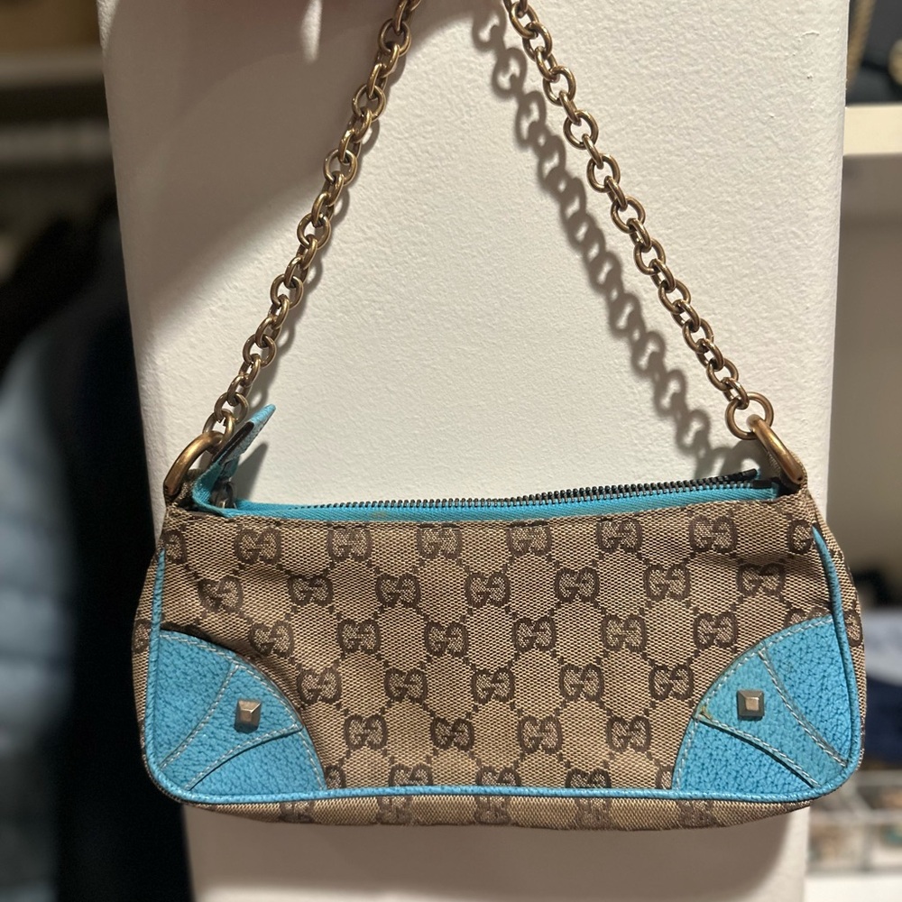 Gucci Tan and Blue Shoulder Bag